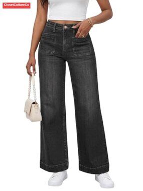 Womens High Waisted Wide Leg Flare Jeans Stretchy Baggy Patch Pockets